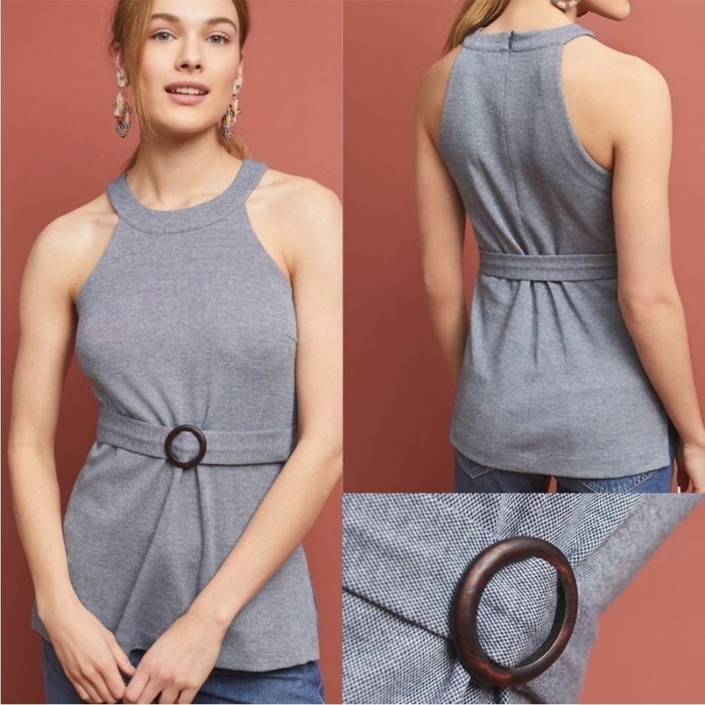 Anthropologie Annette Belted Knit Tank Gray Blue Halter Sleeveless Sz M